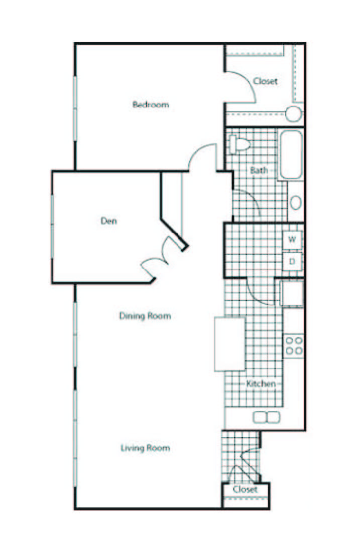 Floor plan for 1 bed, 1 bath, 957 sqft